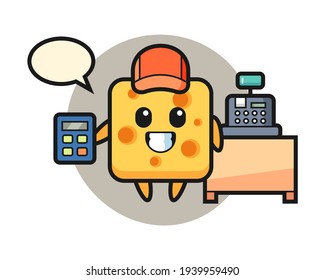 Illustration of cheese character as a cashier