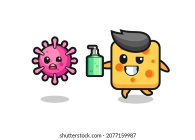 illustration of cheese character chasing evil virus with hand sanitizer , cute style design for t shirt, sticker, logo element