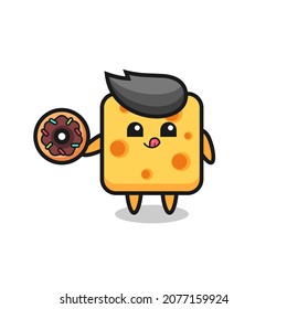 illustration of an cheese character eating a doughnut , cute style design for t shirt, sticker, logo element