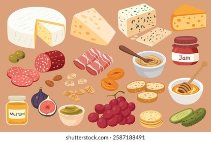 Illustration of a cheese and charcuterie board, a variety of cheeses, cured meats, fruits, nuts, crackers, spreads, and condiments