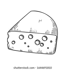 Illustration of cheese in engraving style. Design element for logo, label, emblem, sign, badge. Vector illustration 