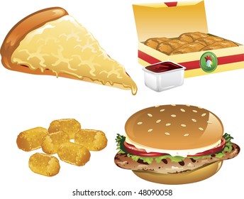 Illustration Of A Cheese Pizza, Tater Tots, Chicken Nuggets, And A Grilled Chicken Sandwich