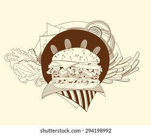 Illustration of cheeseburger, fries, salad, onion rings, sliced radish and cheese. The fast-food meals.