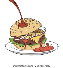 Illustration of a cheeseburger with layers of lettuce, meat, cheese, onion, and sauce on a plate.