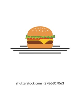 Illustration of a cheeseburger on a plate, isolated on white background, vector graphic