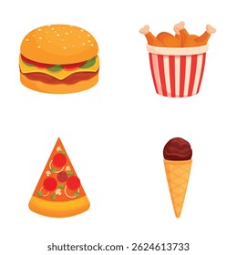 Illustration of a cheeseburger, popcorn, pizza slice, and ice cream cone