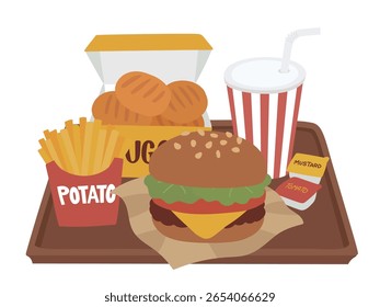 Ilustración de una hamburguesa de queso con bebidas, papas fritas y pepitas en una bandeja