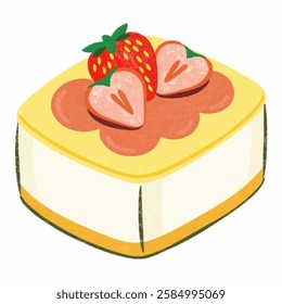 Illustration of cheesecake topped with strawberry slices.