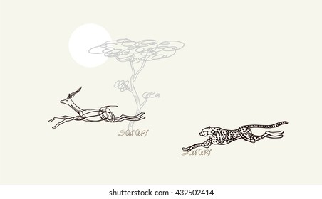 illustration of the cheetah and antelope in the African savannah on background of the tree and sun