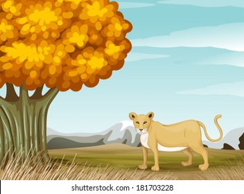 Illustration of a cheetah near the big tree