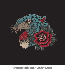 ilustración de guepardo y rosas con el estilo tradicional de tatuaje de la vieja escuela