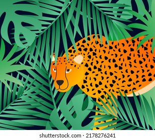 Illustration of a cheetah and tropical leaves on a black background