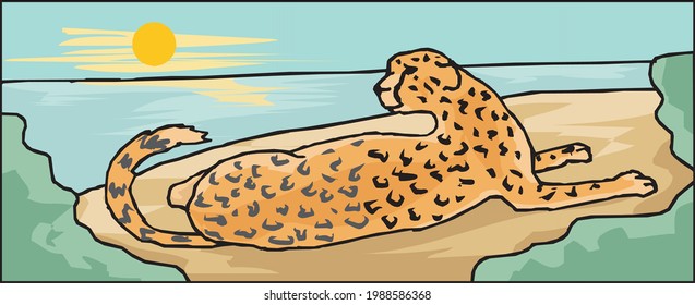 illustration of cheetah watching sunset on beach