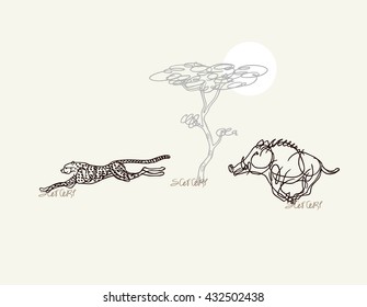 illustration of cheetah and wild boar in the African savannah on background of the tree and sun