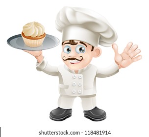 Illustration of a chef or baker with a cake on a plate