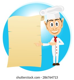 illustration of chef, baker or cook smiling happy pointing to old paper scroll