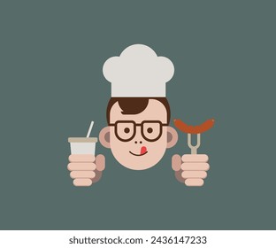 Ilustración de un chef que trae bebidas y salchichas