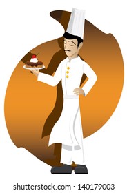 Illustration of chef with chocolate cake on abstract background.