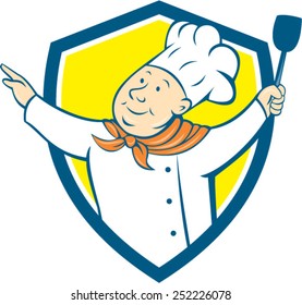 Illustration of a chef cook baker arms out holding spatula looking up to the side set inside shield crest on isolated background done in cartoon style. 