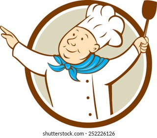 Illustration of a chef cook baker with arms out holding spatula looking up to the side set inside circle on isolated background done in cartoon style. 