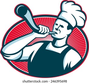 Illustration of a chef cook baker blowing a bullhorn blowhorn trumpet horn set inside oval with sunburst done in retro style.