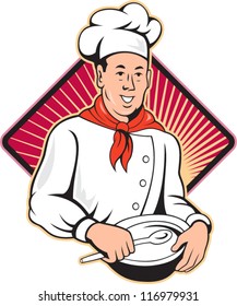 Illustration of a chef, cook or baker done in retro style on isolated white background with diamond shape and sunburst