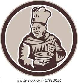 Illustration of a chef, cook or baker food in bowl facing front set inside circle done in retro woodcut style on isolated background.