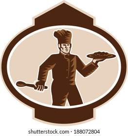 Illustration of a chef, cook or baker holding serving plate platter of food and spoon spatulal set inside oval on isolated background done in retro woodcut style.