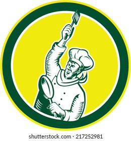 Illustration of a chef cook baker holding spatula and pan revolution style facing side set inside circle on isolated background done in retro woodcut style. 
