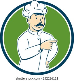 Illustration of a chef cook baker with mustache pointing looking to the side set inside circle on isolated background done in cartoon style. 