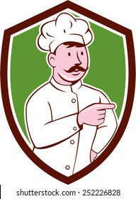 Illustration of a chef cook baker with mustache pointing looking to the side set inside shield crest on isolated background done in cartoon style. 