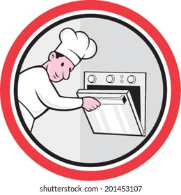 Illustration of a chef cook baker opening oven set inside circle on isolated white background done in cartoon style. 
