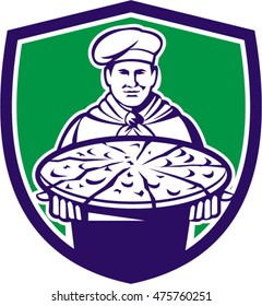 Illustration of a chef, cook baker serving pizza platter facing front set inside shield crest on isolated background done in retro style.
