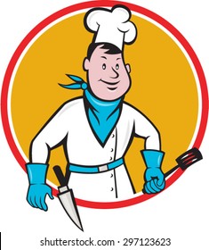 Illustration of a chef cook baker standing holding spatula with knife in knife holster viewed from front set inside circle on isolated background done in cartoon style. 
