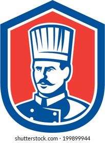 illustration of a chef cook baker viewed from front set inside shield crest done in retro style on isolated background.