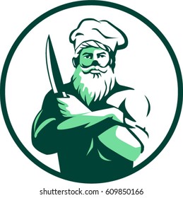 Illustration of a chef cook with beard wearing chef's hat arms crossed holding knife facing front set inside circle on isolated background done in retro style. 