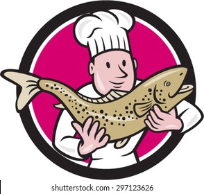 Illustration of a chef cook handling holding up a trout salmon fish facing front set inside circle done in cartoon style.