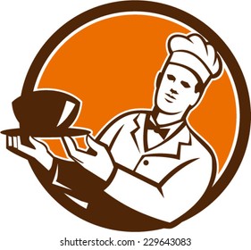 Illustration of a chef cook holding bowl serving set inside circle on isolated background done in retro style. 