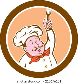 Illustration of a chef cook holding fork set inside circle on isolated background done in cartoon style. 