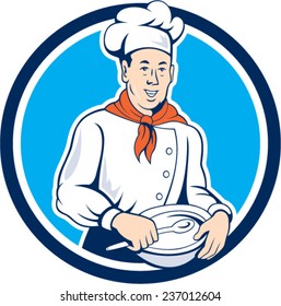 Illustration of a chef cook holding spoon and bowl et inside circle on isolated background done in cartoon style. 
