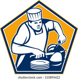 Illustration of a chef cook with knife slicing leg of ham meat set inside pentagon done in retro style.