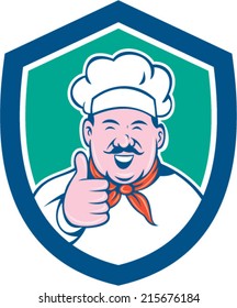 Illustration of a chef cook looking happy smiling with thumbs up set inside shield crest on isolated background done in cartoon style.