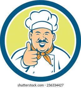 Illustration of a chef cook looking happy smiling with thumbs up set inside circle on isolated background done in retro style.
