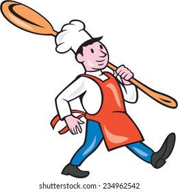 Illustration of a chef cook marching holding spoon over shoulder on isolated white background done in cartoon style.