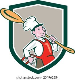Illustration of a chef cook marching holding spoon over shoulder set inside shield crest on isolated background done in cartoon style.