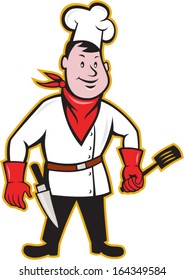 Illustration of a chef cook with spatula and kitchen knife on hip wearing bandana on neck and facing front on isolated white background done in cartoon style.