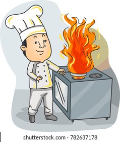 Illustration of a Chef Cooking with a Flaming Pan in the Kitchen