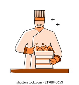 illustration of a chef cooking seafood using a flat design outline style