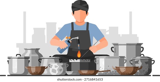 Illustration of a chef cooking with various pots and pans on stoves