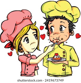 illustration of chef couple wearing pink and yellow suit feeding each other drawn in anime manga style 